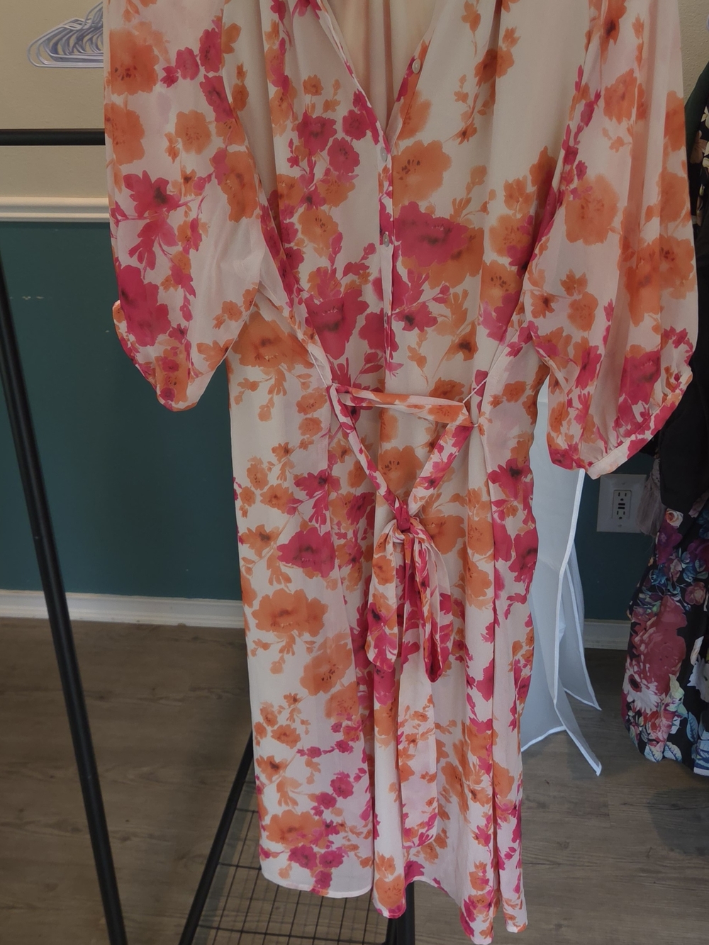 Floral Tie-Waist Midi Dress in Pink & Orange